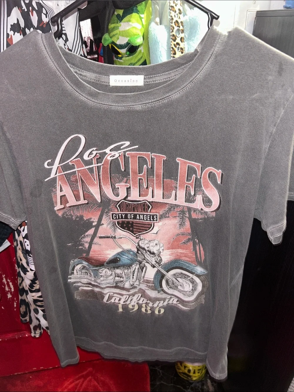 Occasion Los Angeles Motorcycle Graphic Tee - Gray with Pink Accents